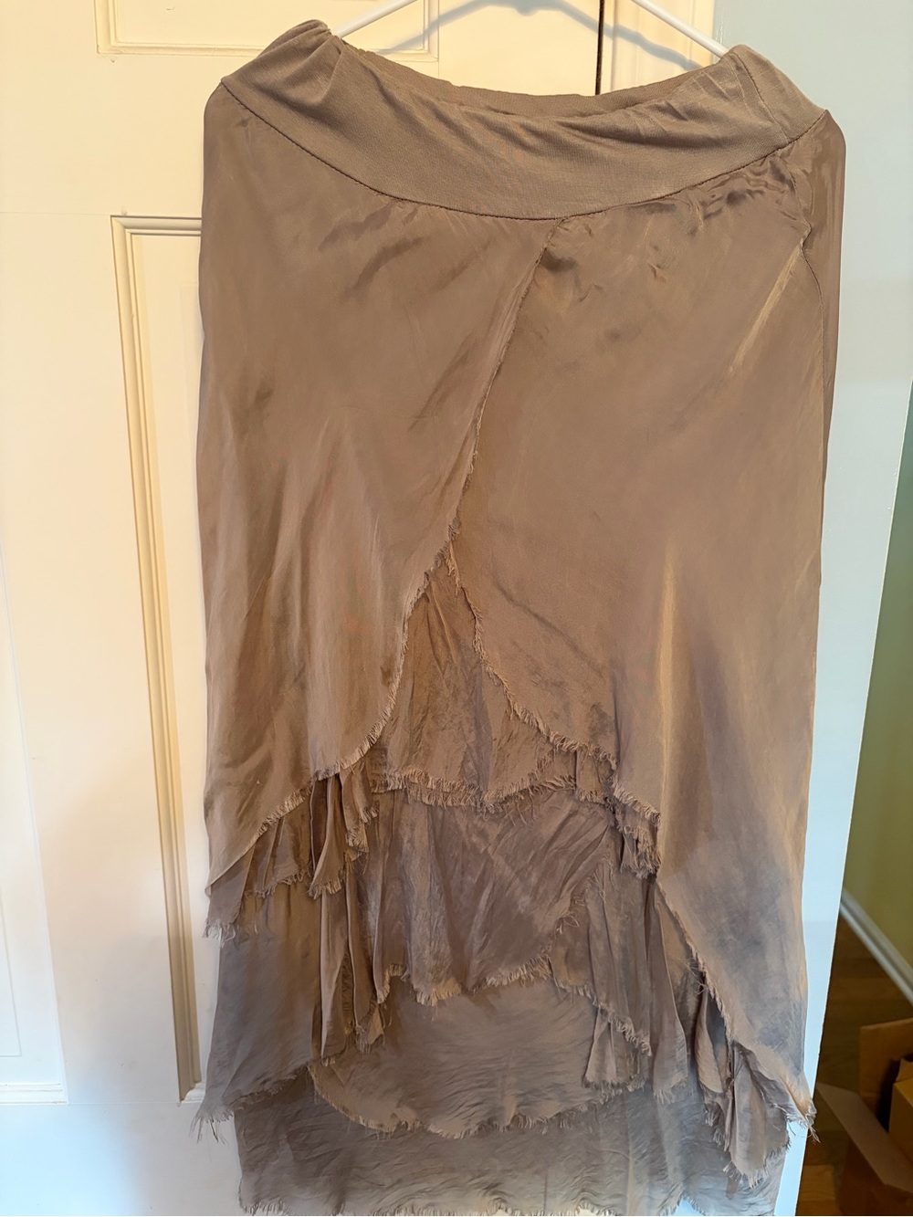 Taupe Layered Silk Ruffle Midi Skirt - Boho Women’s Skirt
